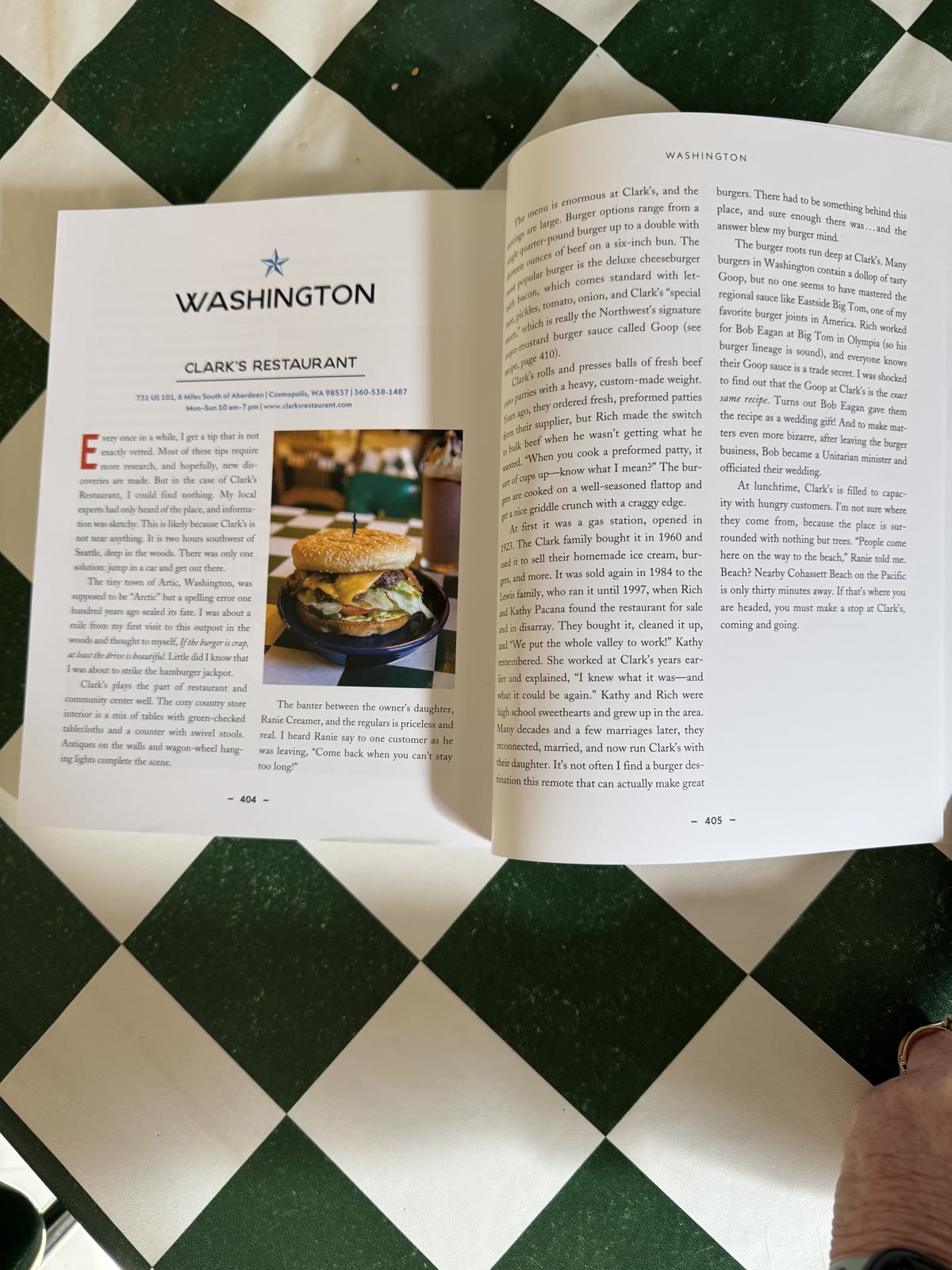 Open Hamburger America book showing the Clarks Restaurant feature